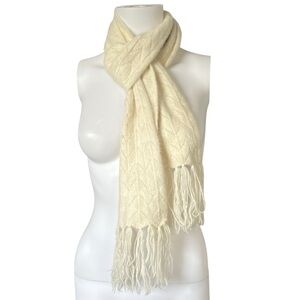 Cream Knit Scarf Fringe Trim Rabbit Hair Wool Winter Outdoor Neutral
